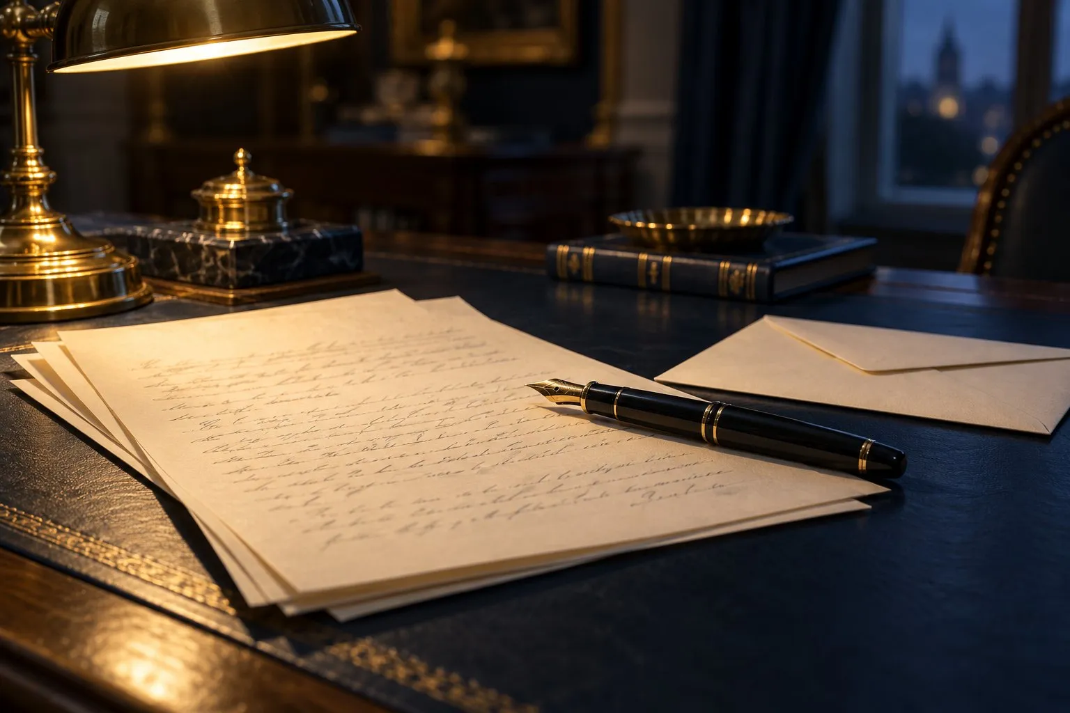 Lettre manuscrite et stylo plume sur un bureau sombre, à la lumière d’une lampe en laiton