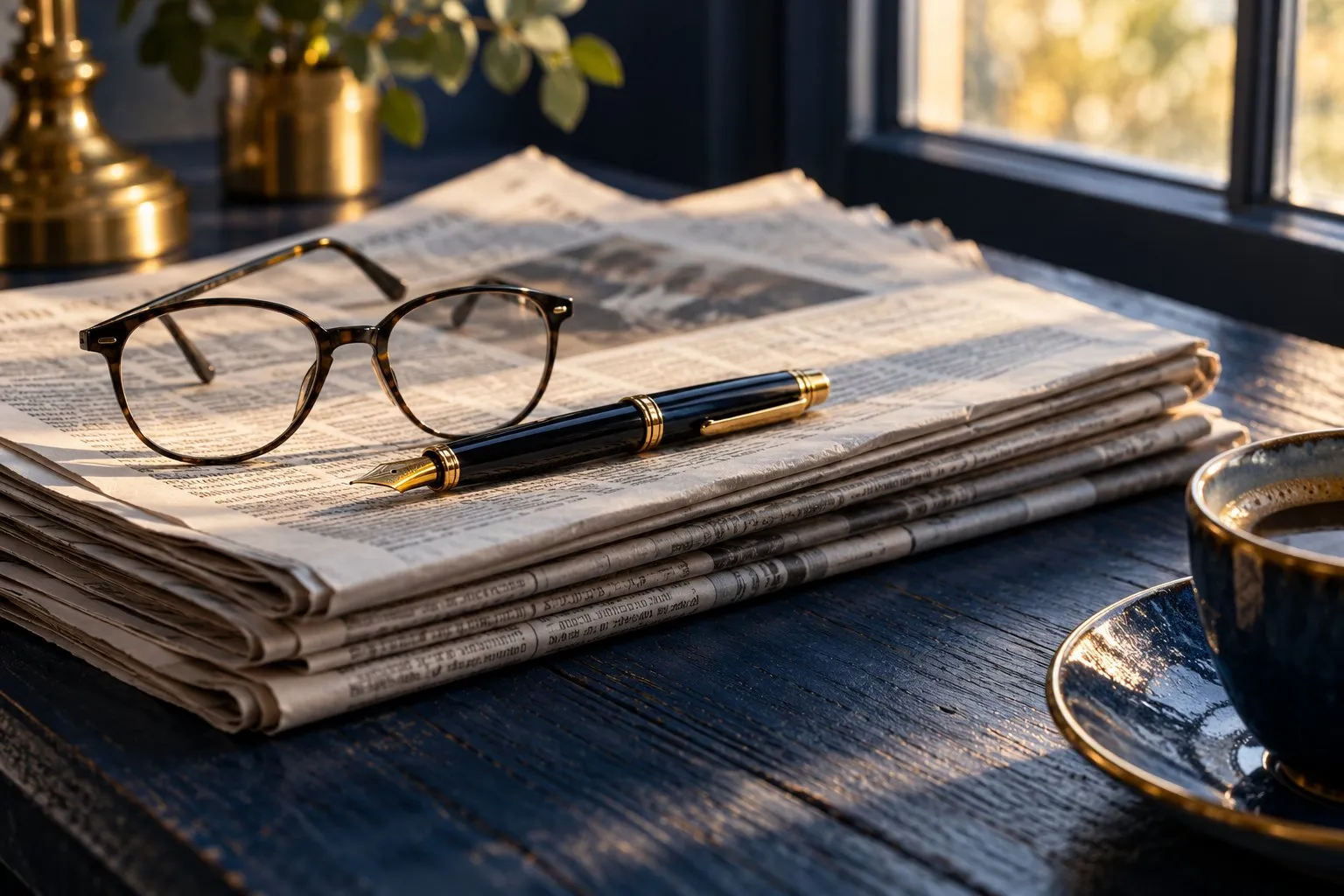 Pile de journaux, lunettes et stylo plume sur une table sombre, lumière du matin