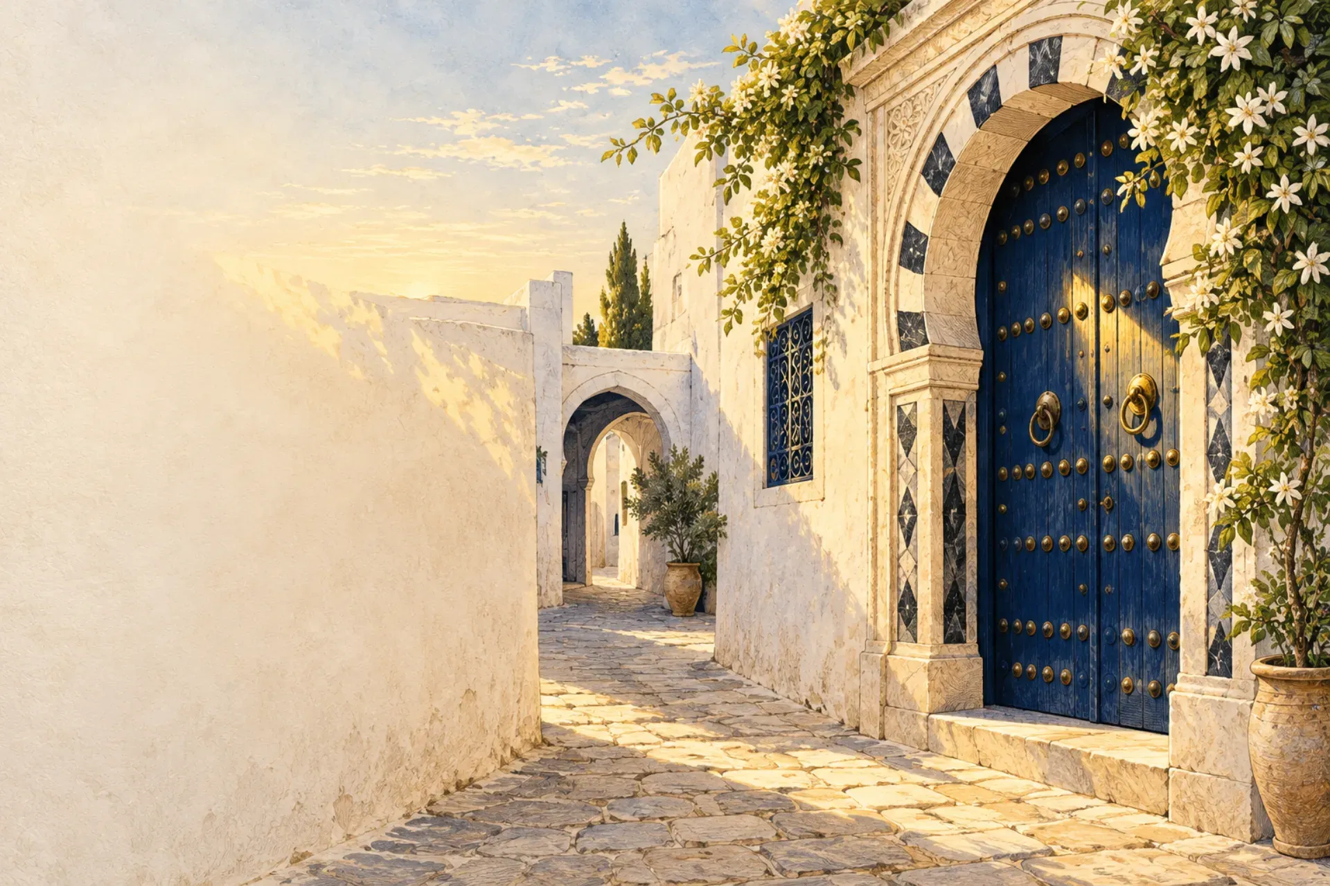 Illustration : ruelle de la médina de Tunis au matin, porte cloutée bleu nuit sous un arc de pierre sculpté.